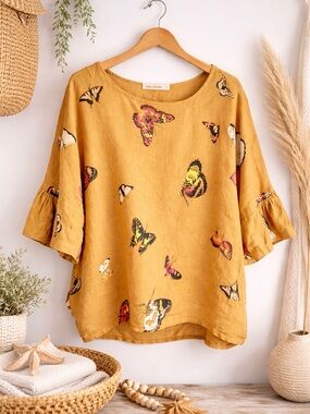 Linen Blouse Lagenlook oversized S M L Italy Natural Fiber butterfly